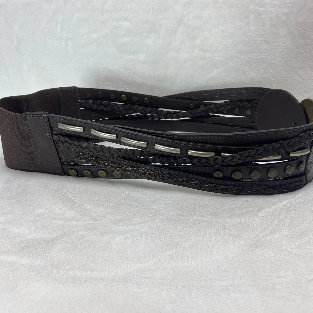 Chicos Faux Leather Dark Brown Wide Braided Studded Belt‎ Fashion Accessory Chic